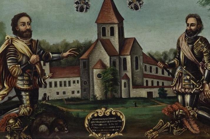 Klosteranlage mit Stiftern, Gemälde aus dem späten 18. Jahrhundert