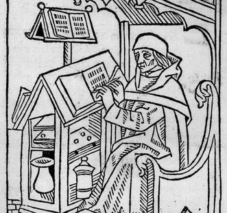 Darstellung eines Skriptoriums, Jean Belot, Holzschnitt nach 1500
