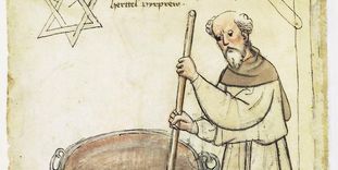 Älteste Darstellung eines Bierbrauers in Deutschland, Mönch mit sechszackigem Brauerstern, aus dem Hausbuch der Mendelschen Zwölfbrüderstiftung von 1425