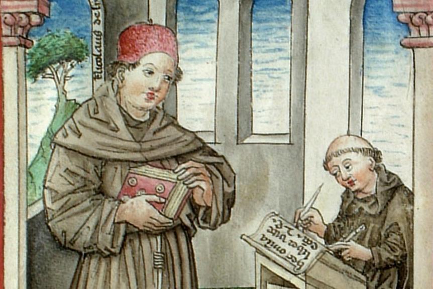 Nicolaus de Lyra diktiert seinem Schreiber, Wiblingen, 1454