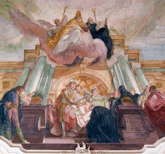 Darstellung der Klosterstiftung, Detail des Deckenfreskos im Kapitelsaals